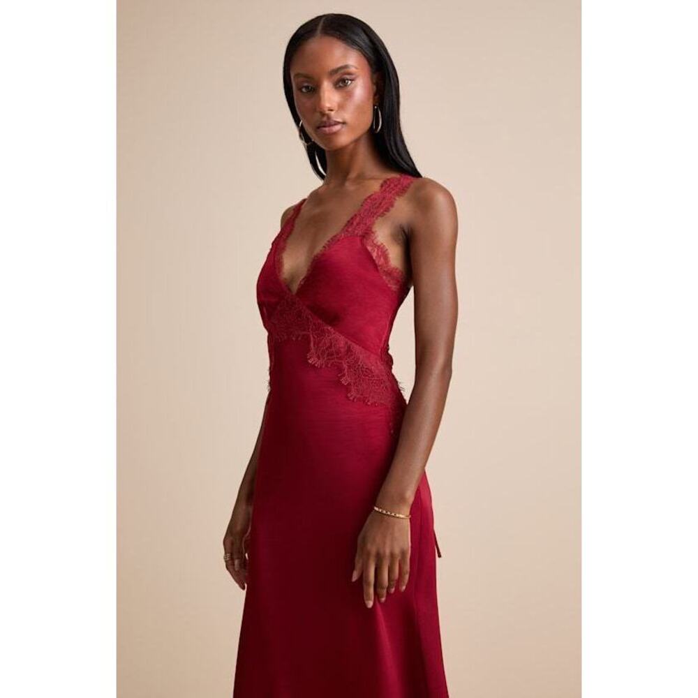 Lulus Alayah Red Satin Lace Tie-back Midi Dress - Size XL